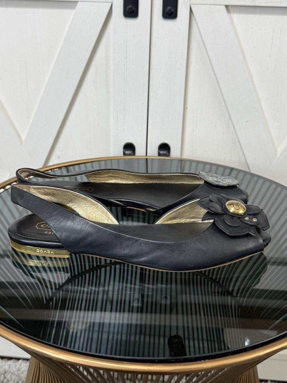 Vintage Coach Black Leather Peep Toe Slingback Flats Floral Accent Y2K Size 7B